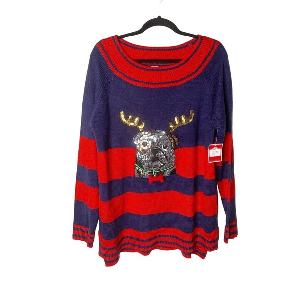 HOLIDAY TIME Pug Dog Ugly Christmas Sweater Sz XL Sequin Red Navy Blue - Picture 2 of 9